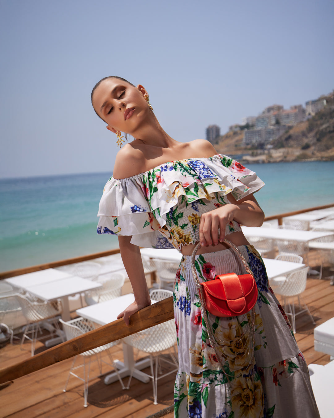 Blue Blossom Off-Shoulder Crop Top