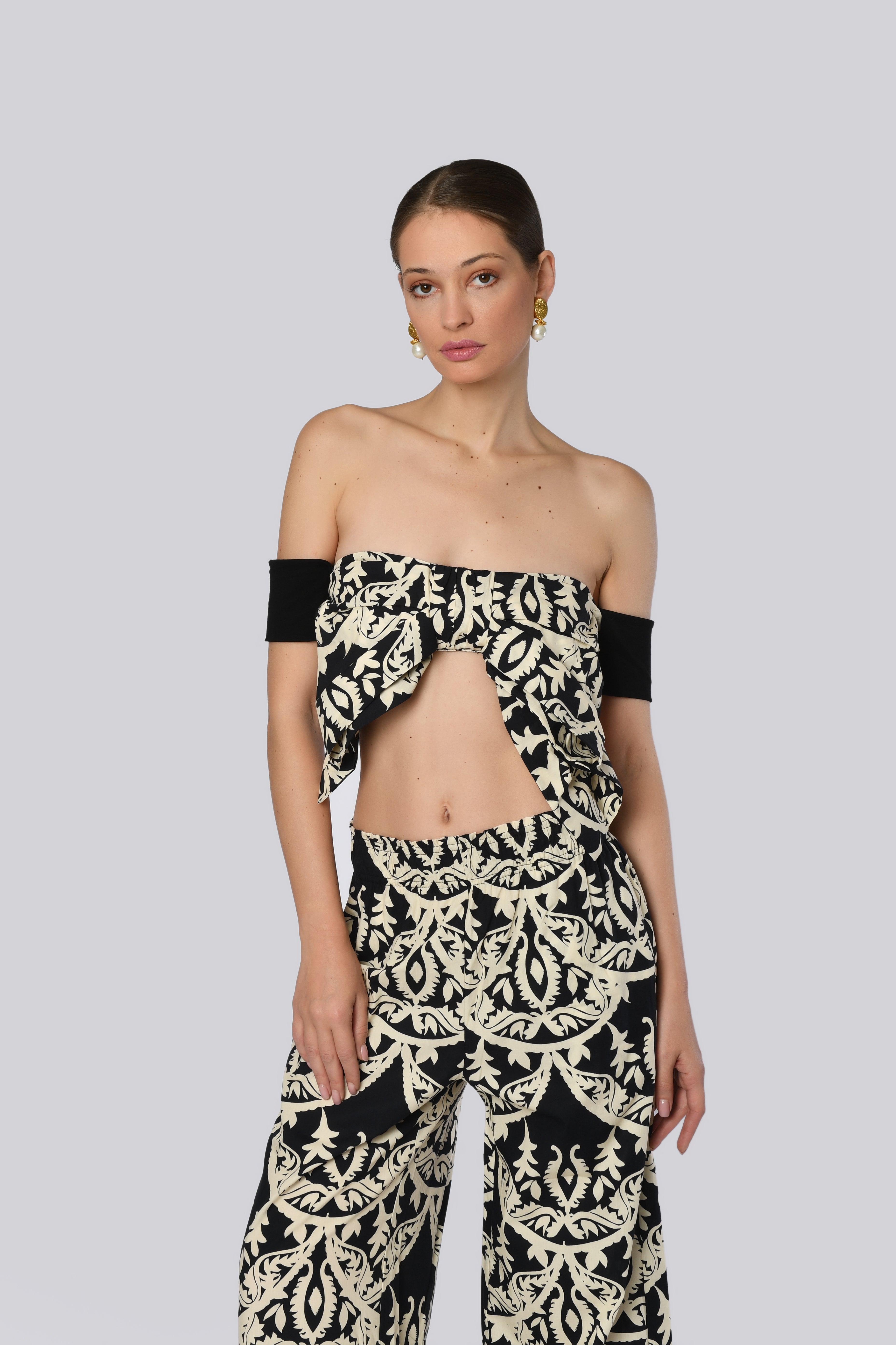 Abstract Black and White Print Trousers