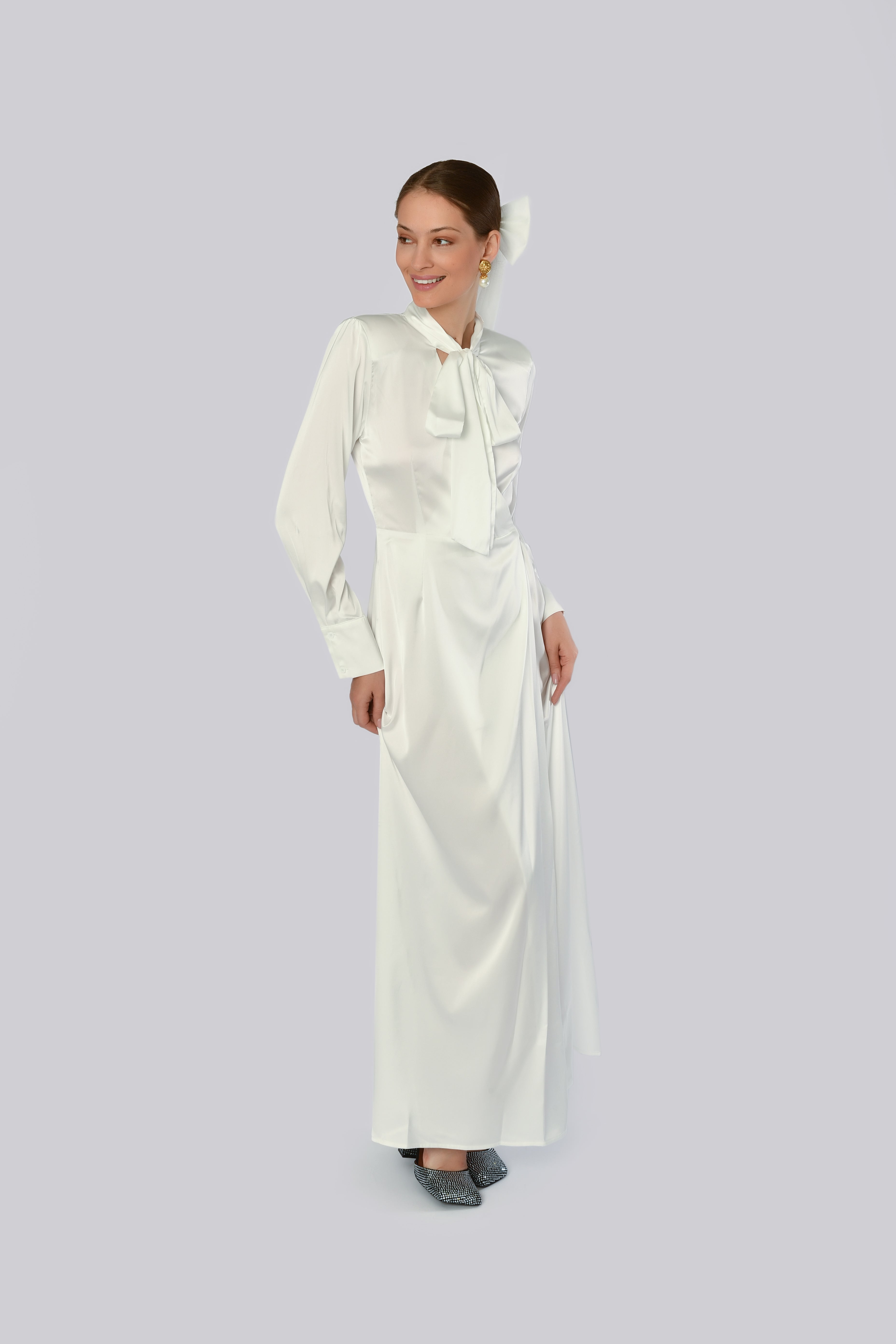 White Long-Sleeve Dress with High Slit