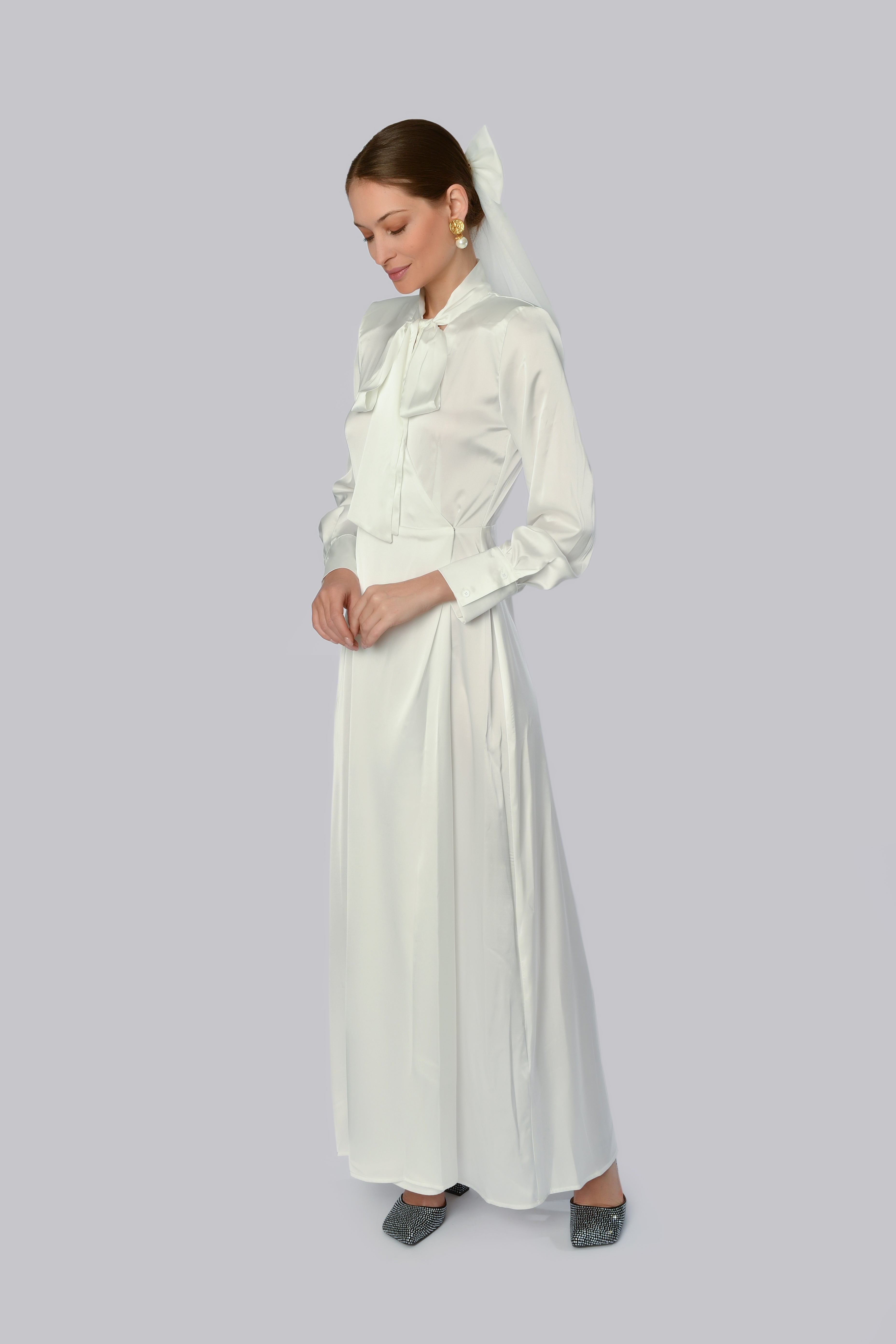White Long-Sleeve Dress with High Slit