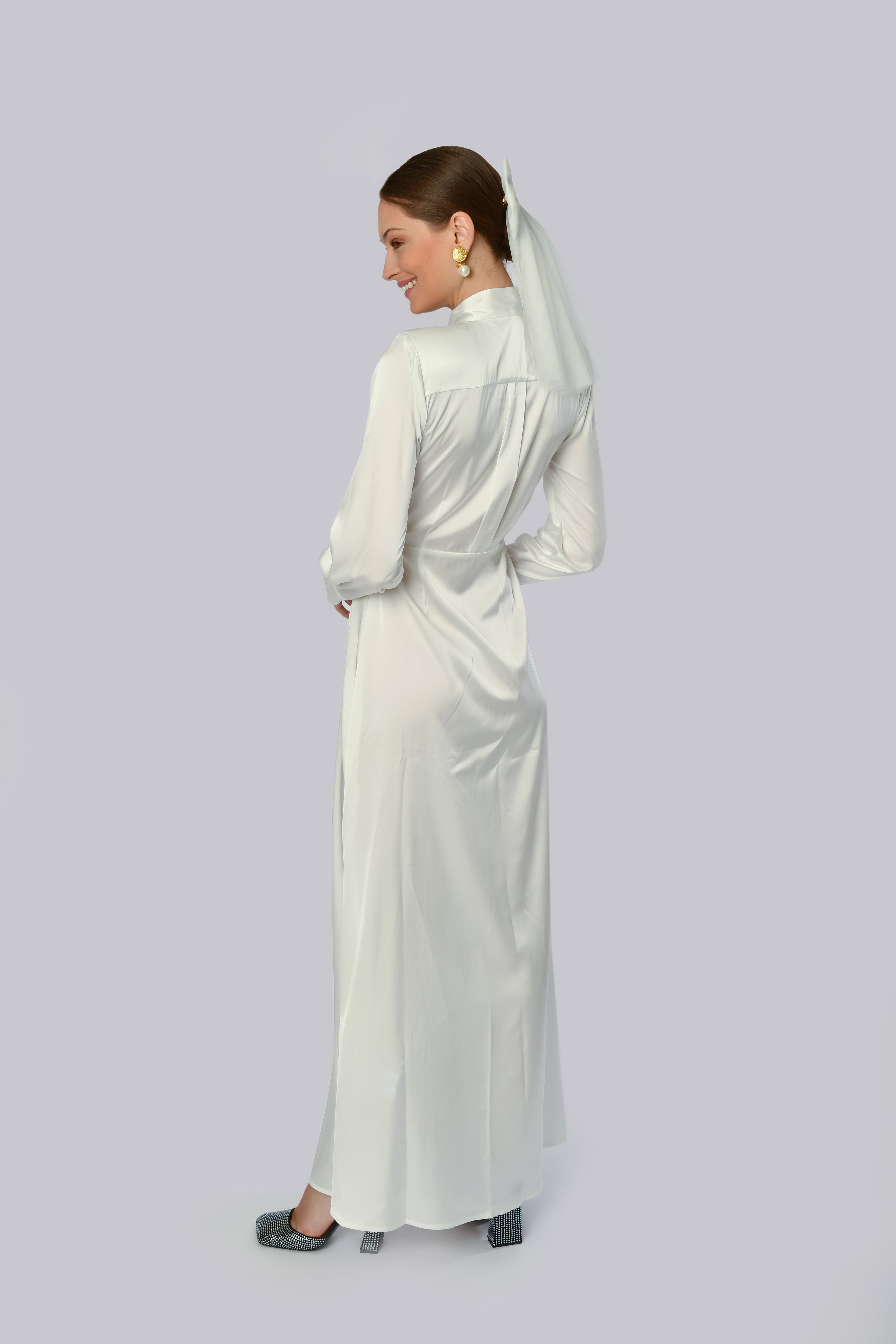 White Long-Sleeve Dress with High Slit