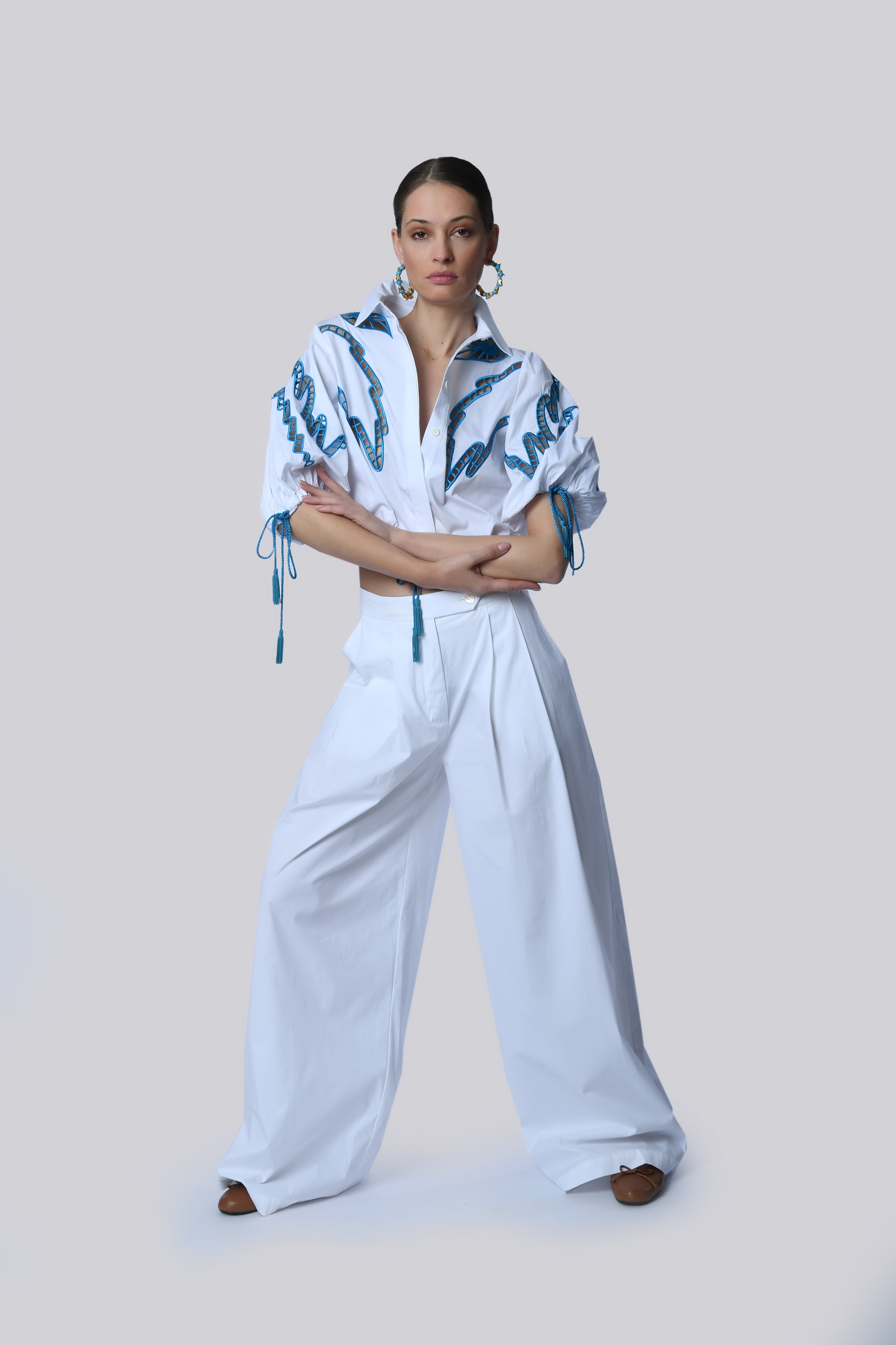Embroidered White and Blue Crop Blouse