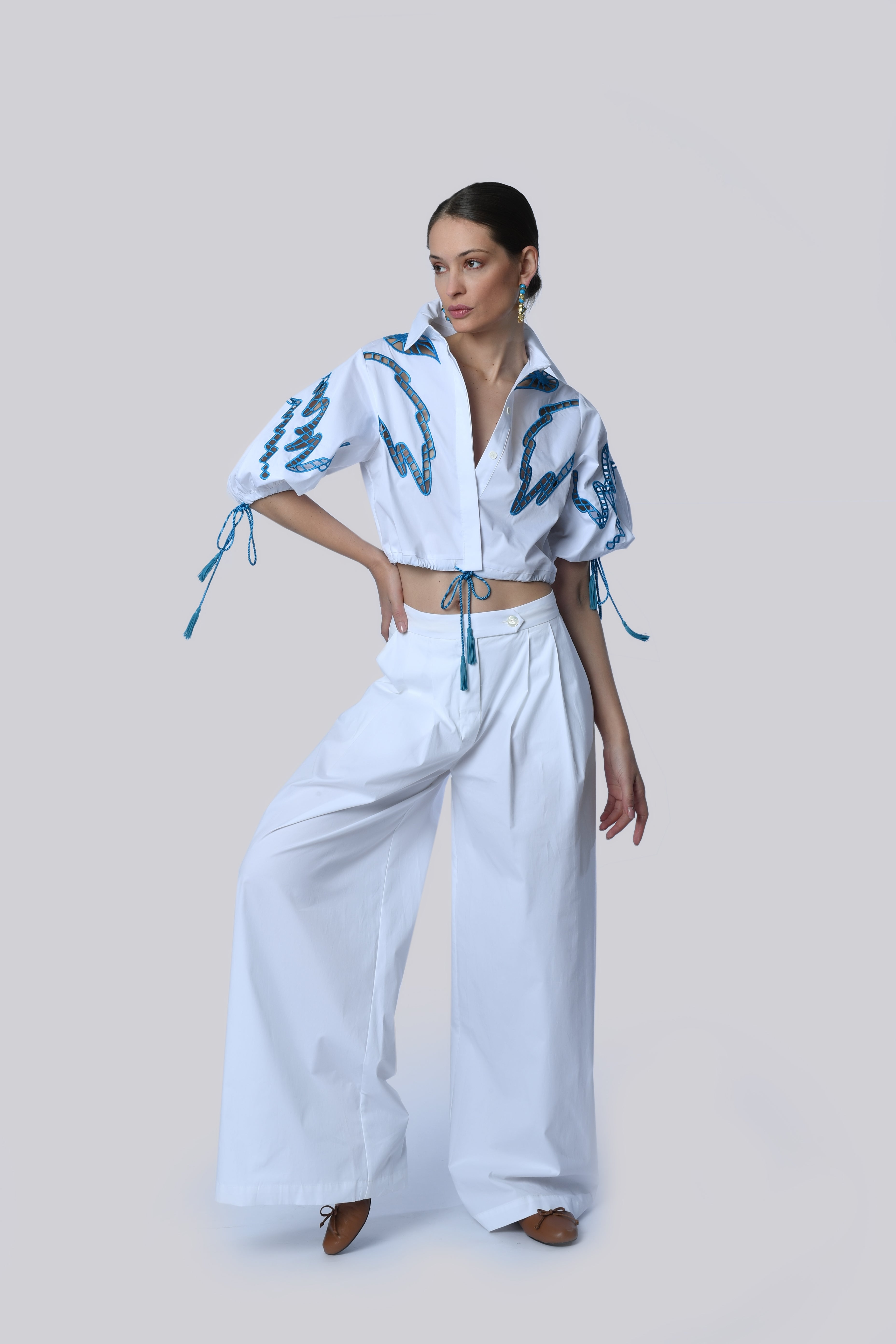 Embroidered White and Blue Crop Blouse