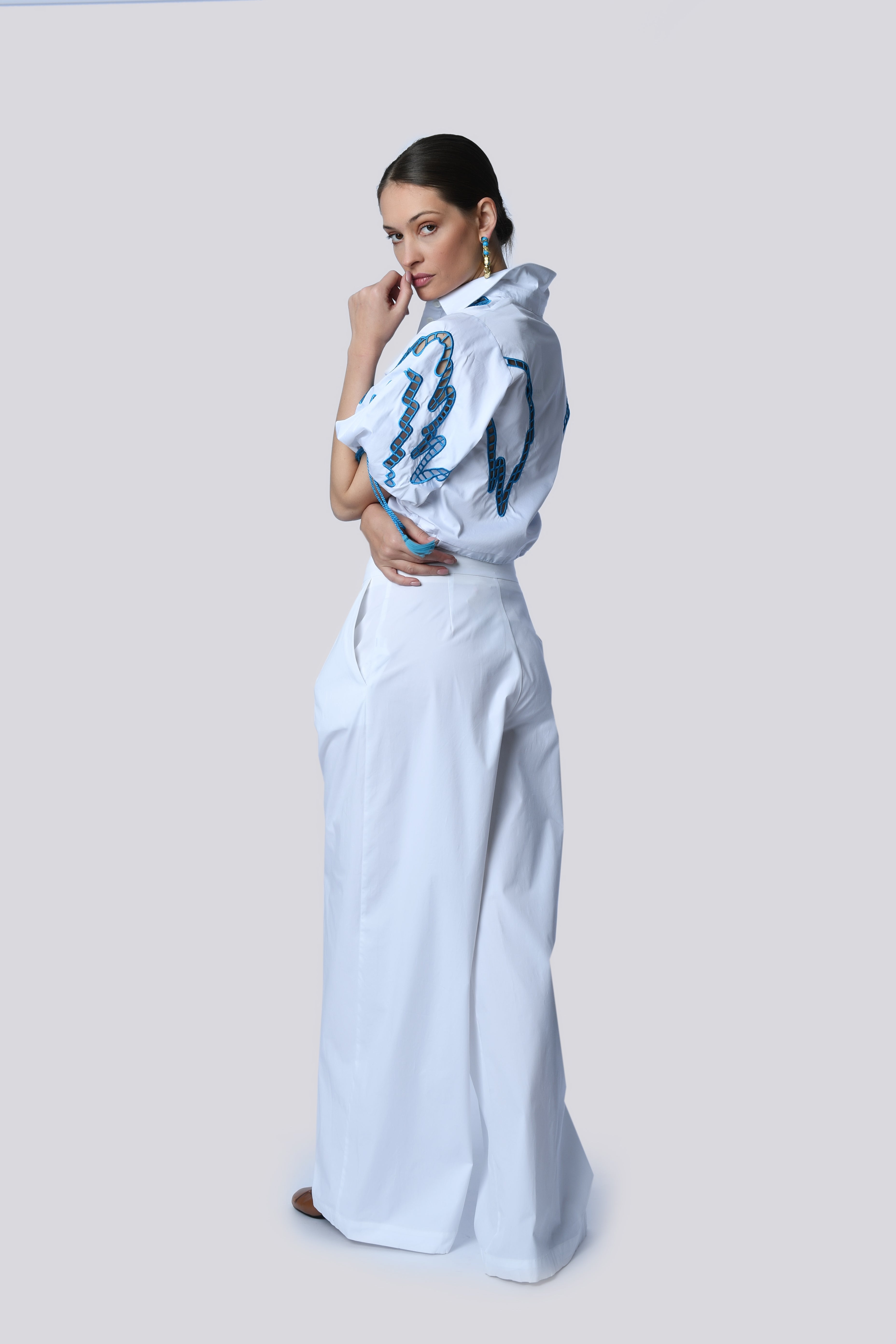 Embroidered White and Blue Crop Blouse