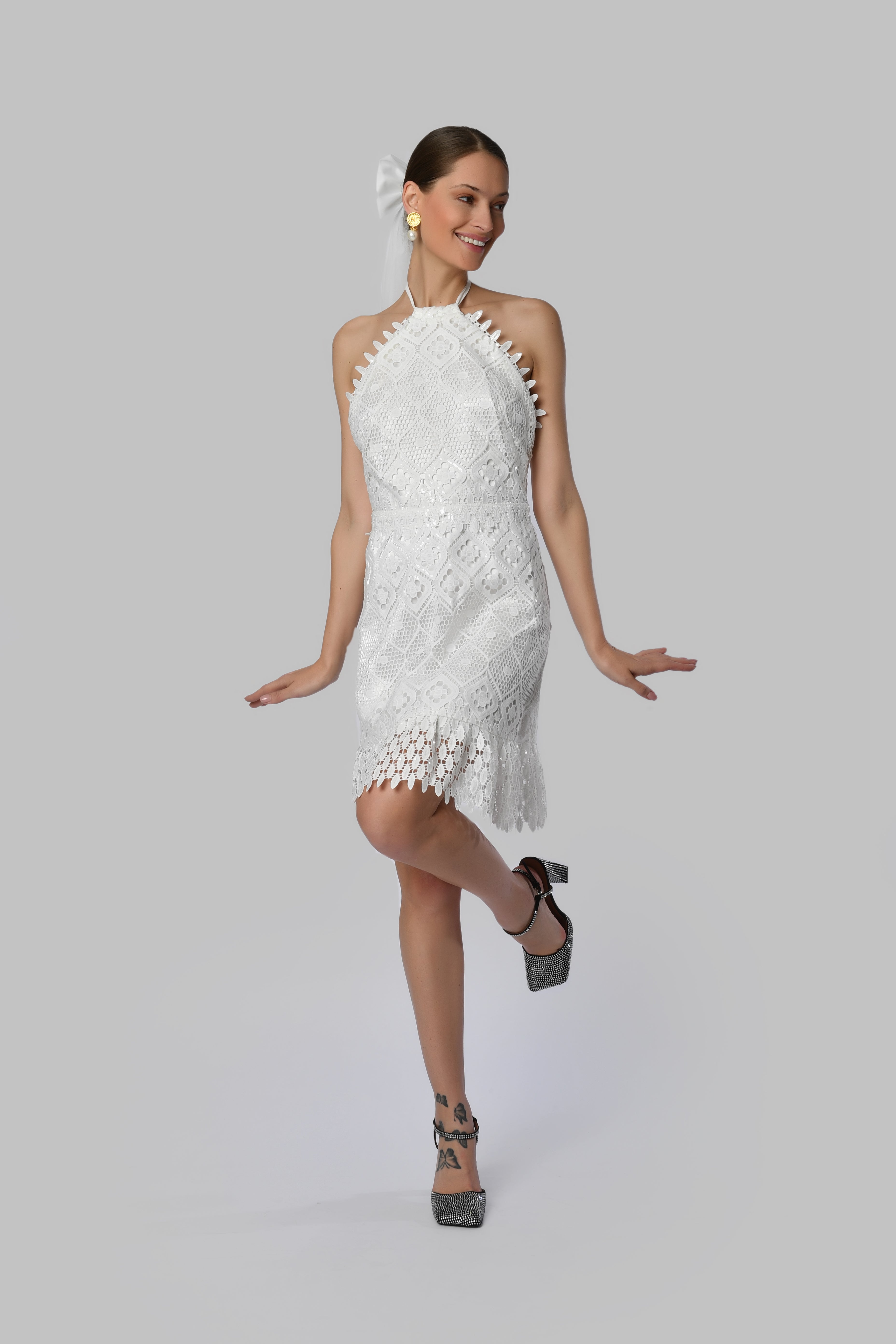 Graceful White Lace Halter Dress