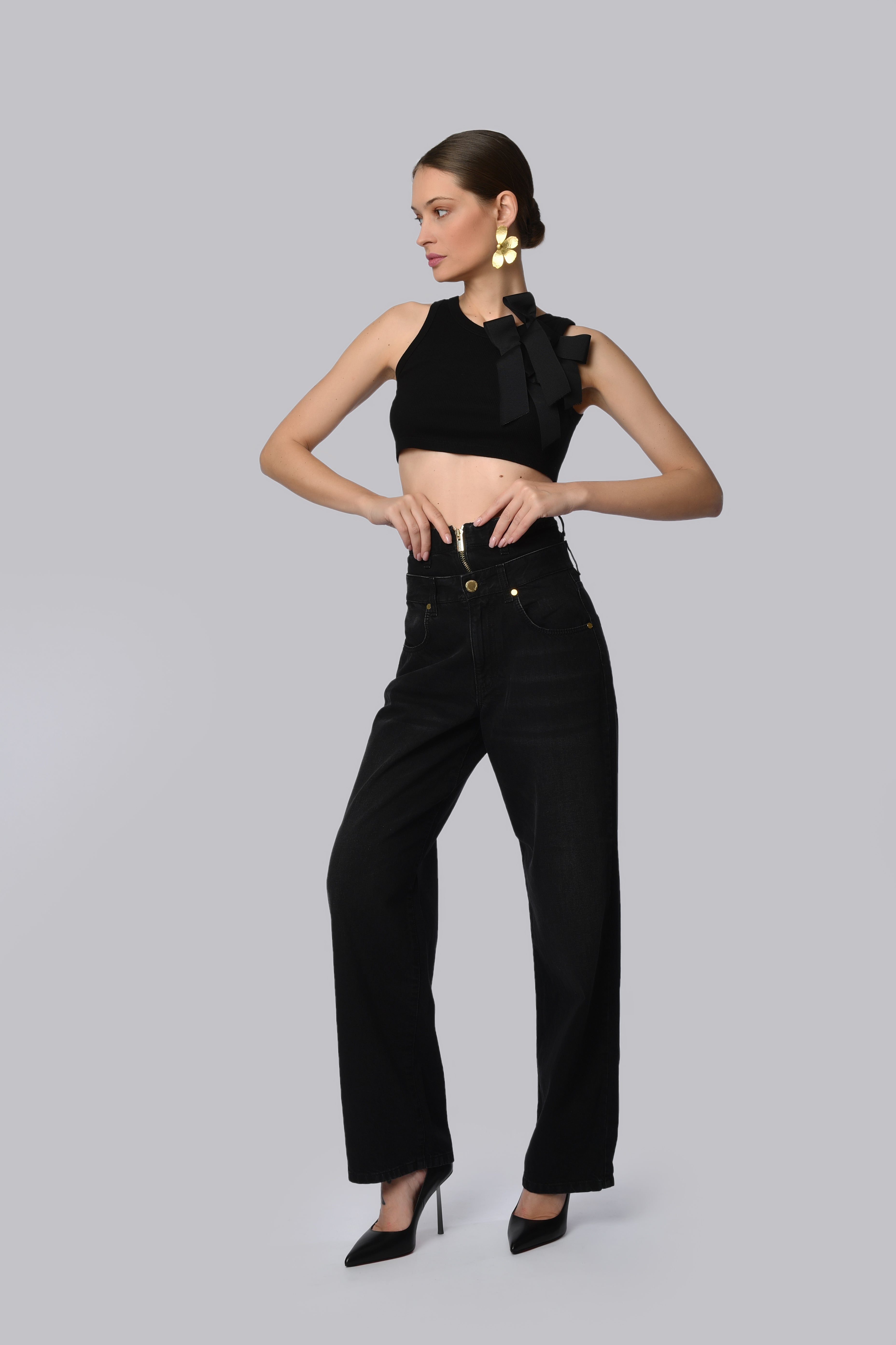 High-Waisted Wide-Leg Black Denim Jeans