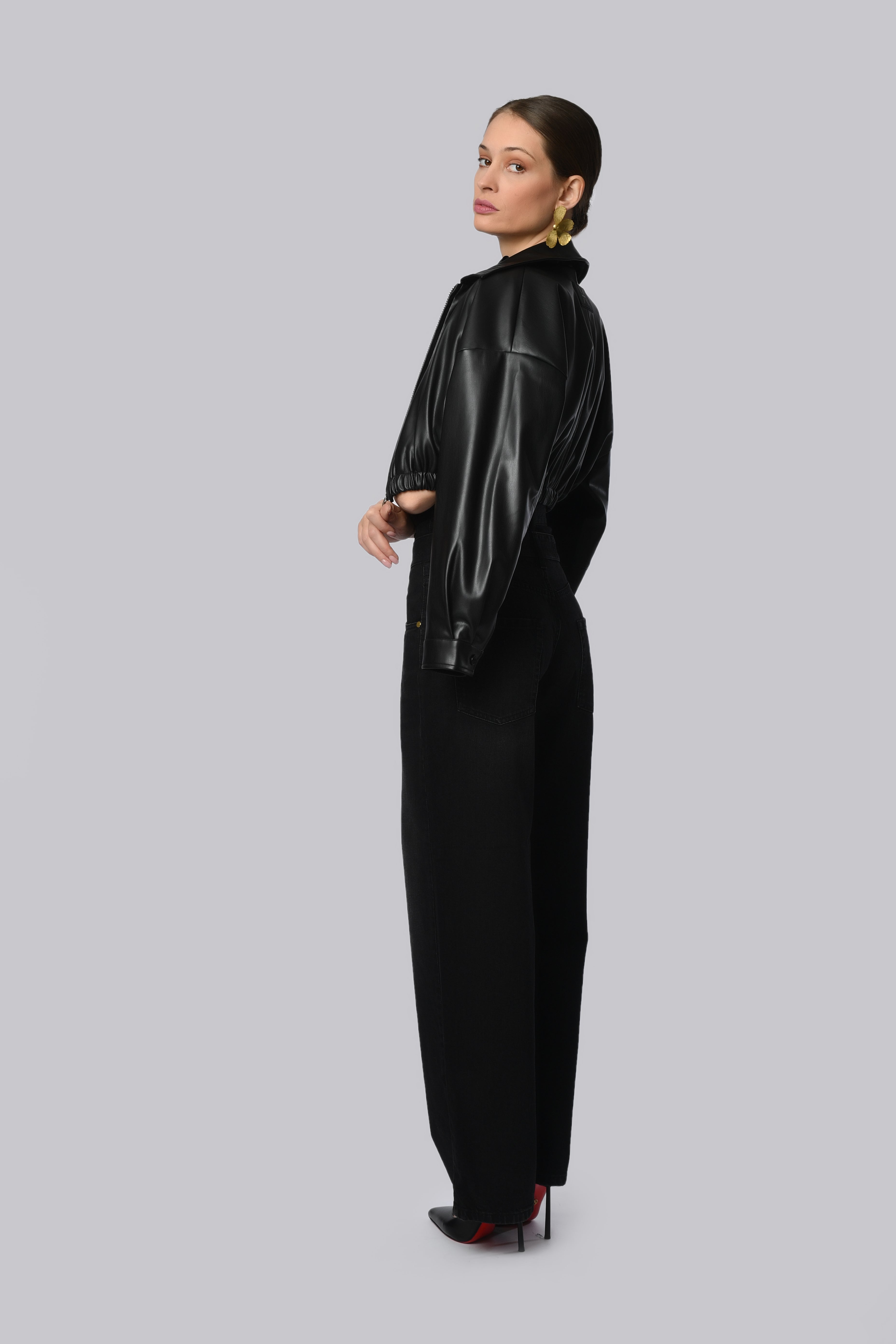 High-Waisted Wide-Leg Black Denim Jeans