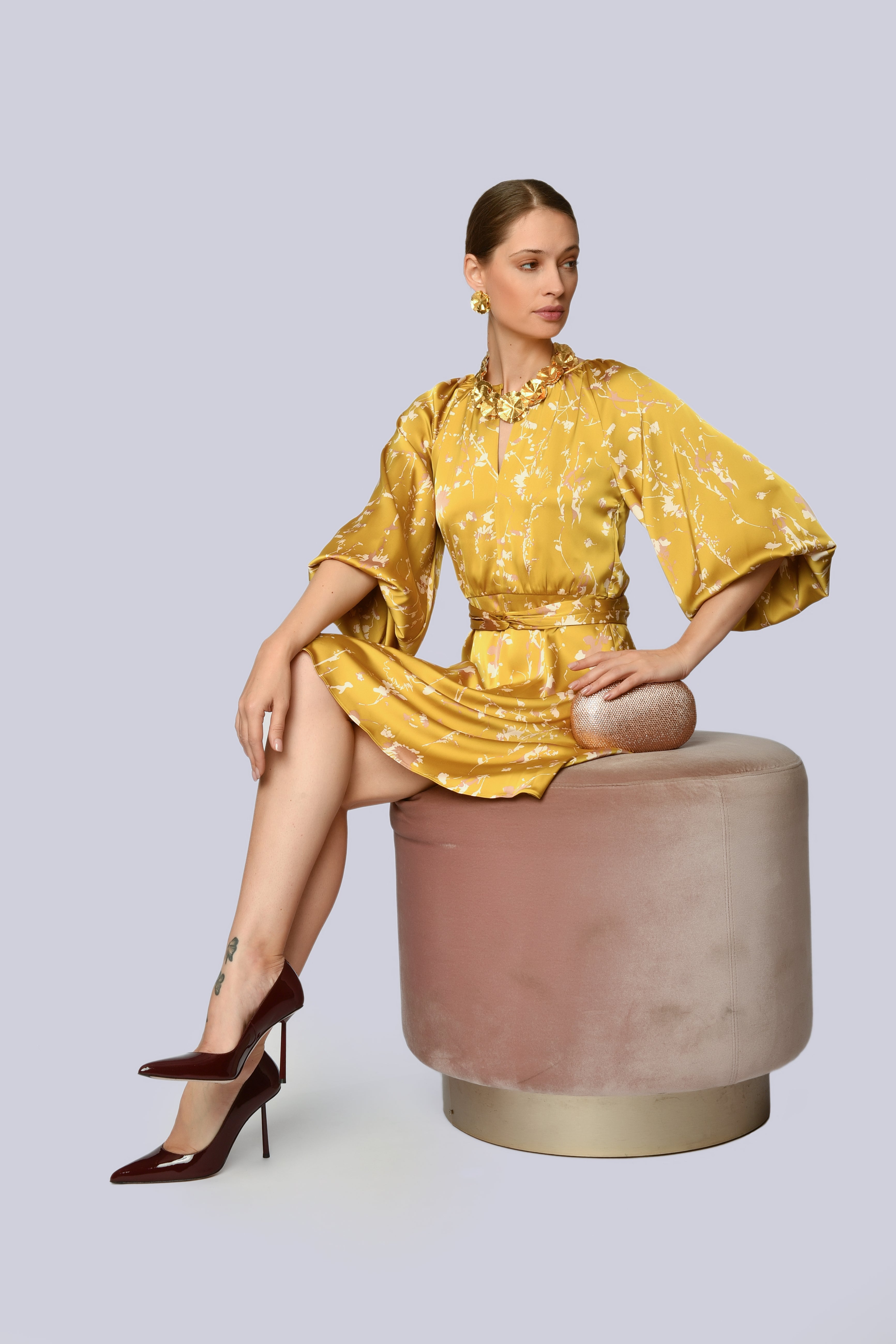Mustard Puff-Sleeve Floral Dress