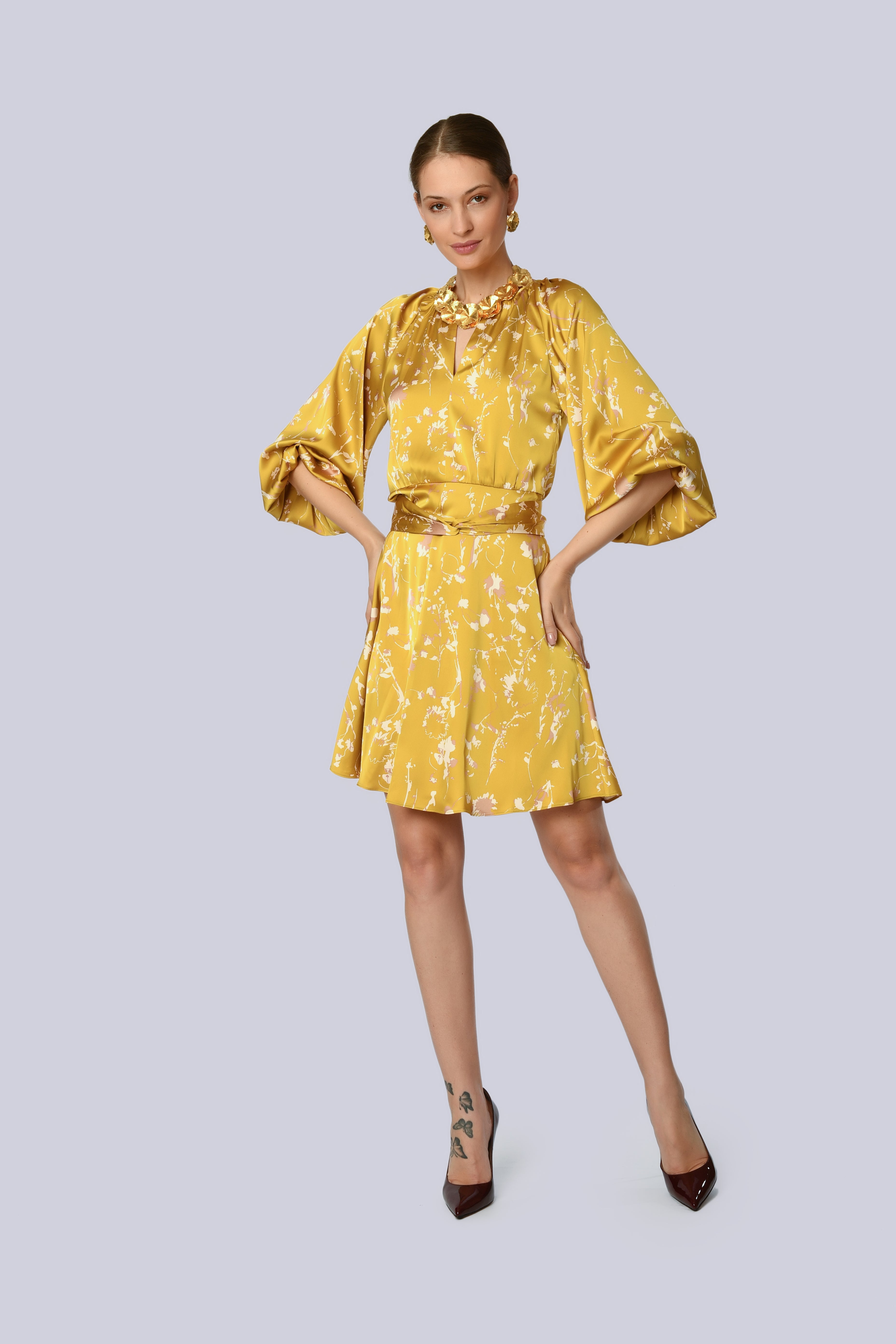 Mustard Puff-Sleeve Floral Dress