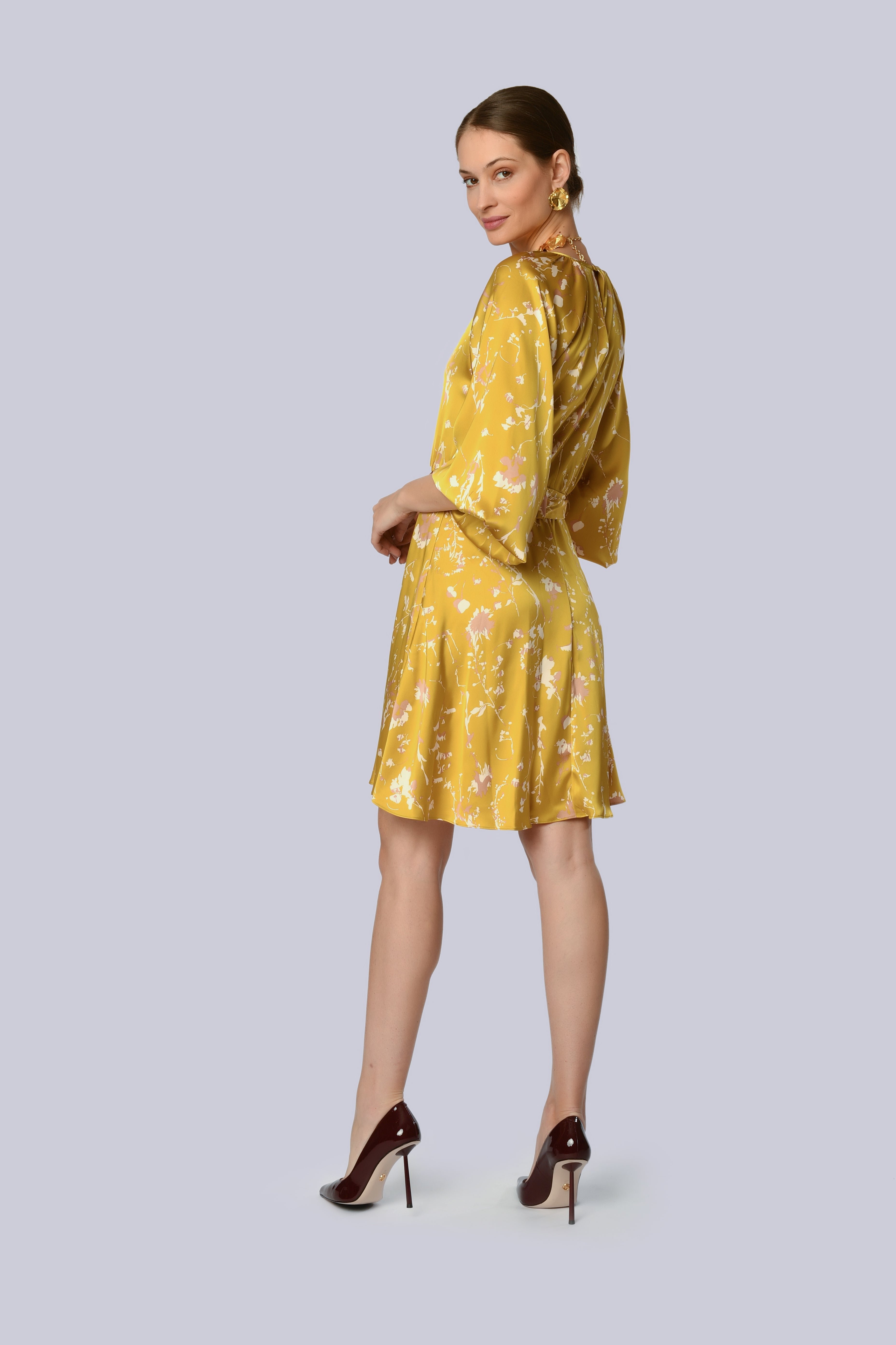 Mustard Puff-Sleeve Floral Dress