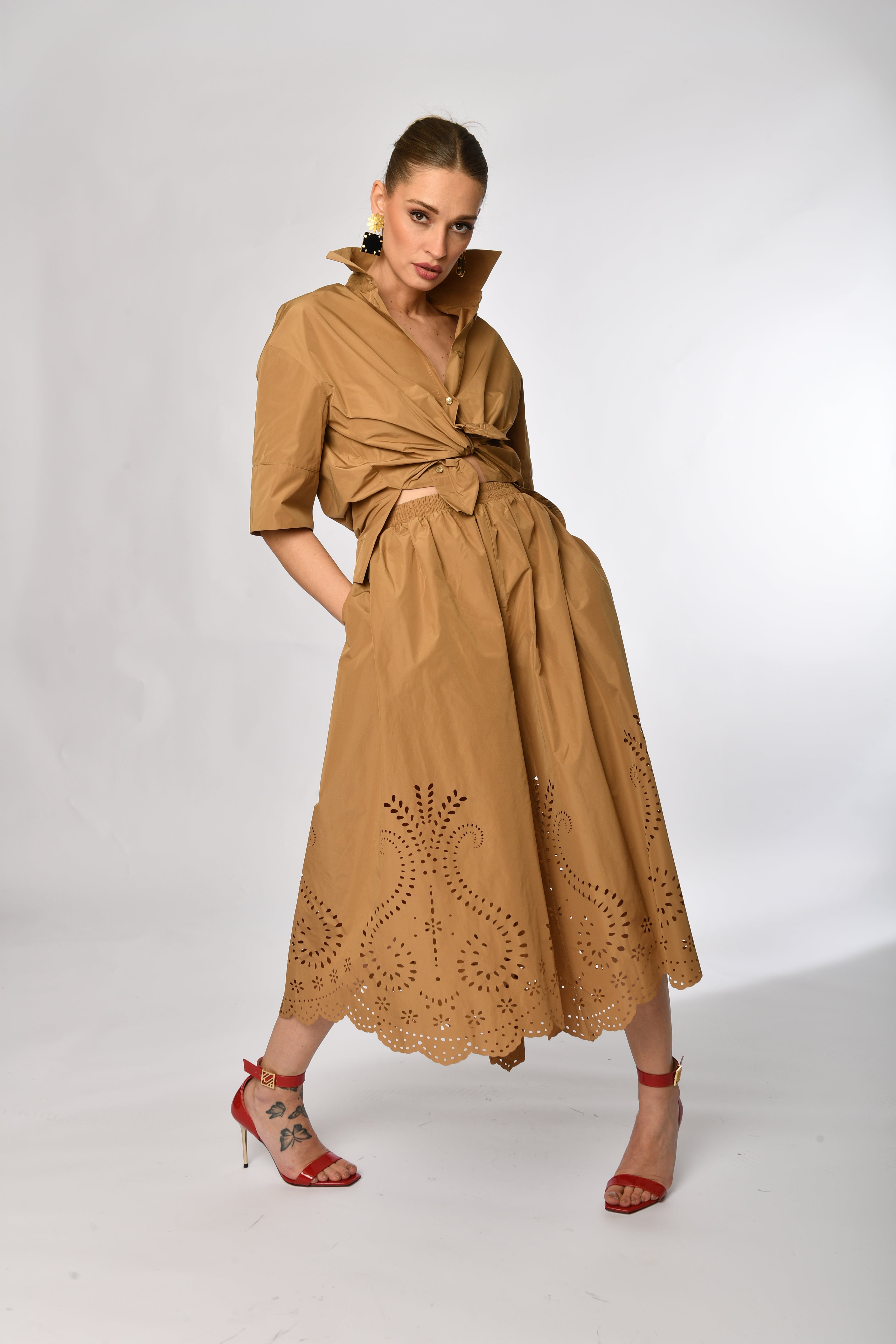 Popeline Broderie Midi Skirt