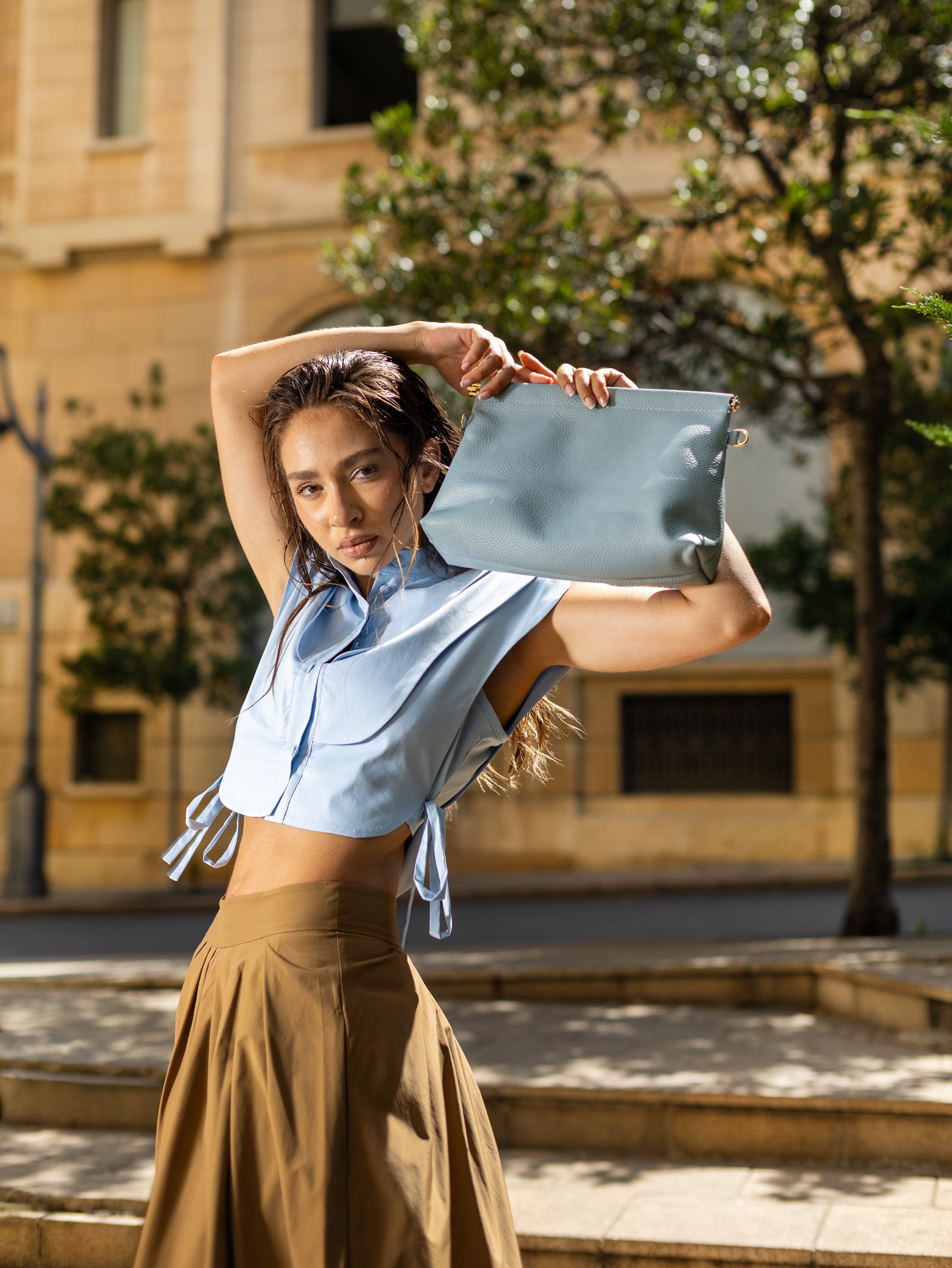 Sky Blue Ruffle Crop Blouse