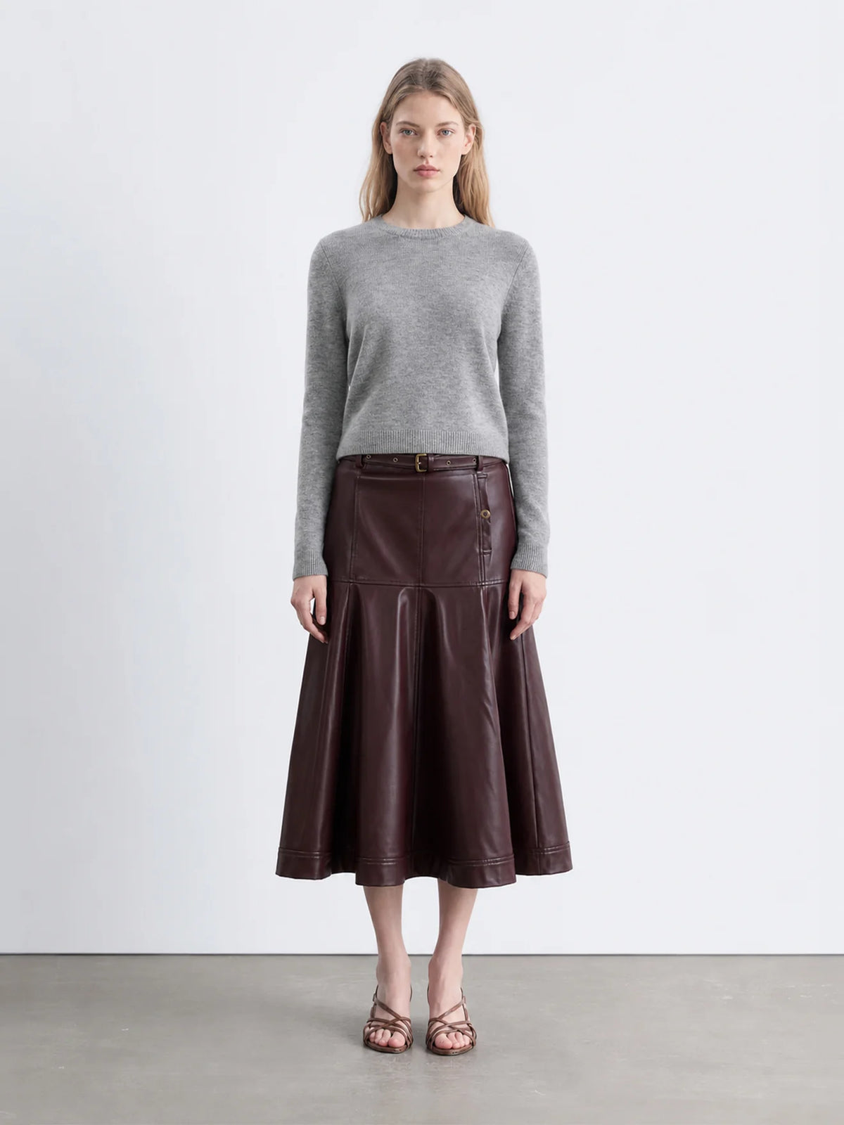 Flared Midi Skirt in Faux Leather with Belt