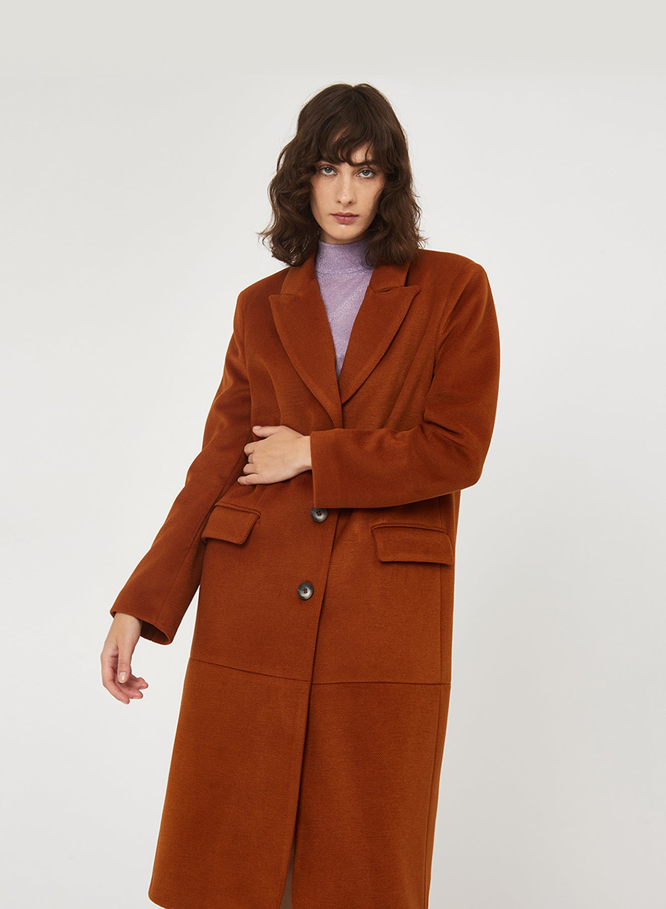Oversized Single-Breasted Coat with Notched Lapel - Light Brown main image 1