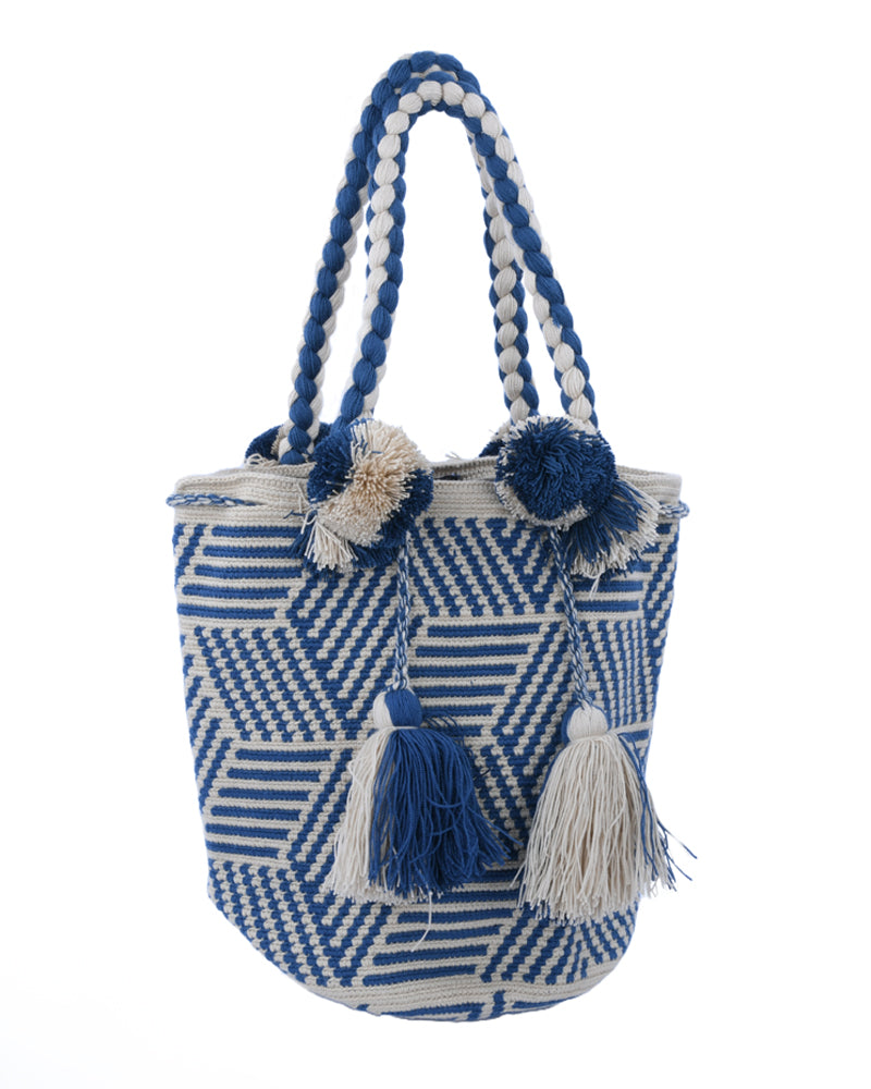 Blue and White Geometric Tassel Handbag