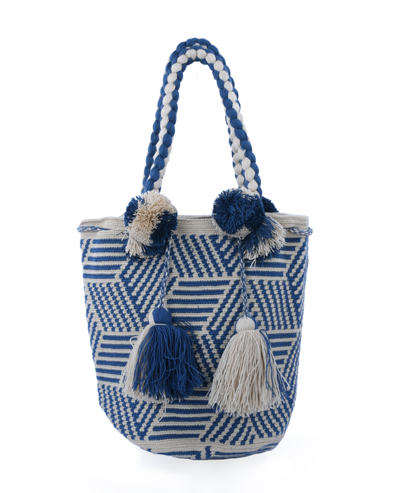 Blue and White Geometric Tassel Handbag