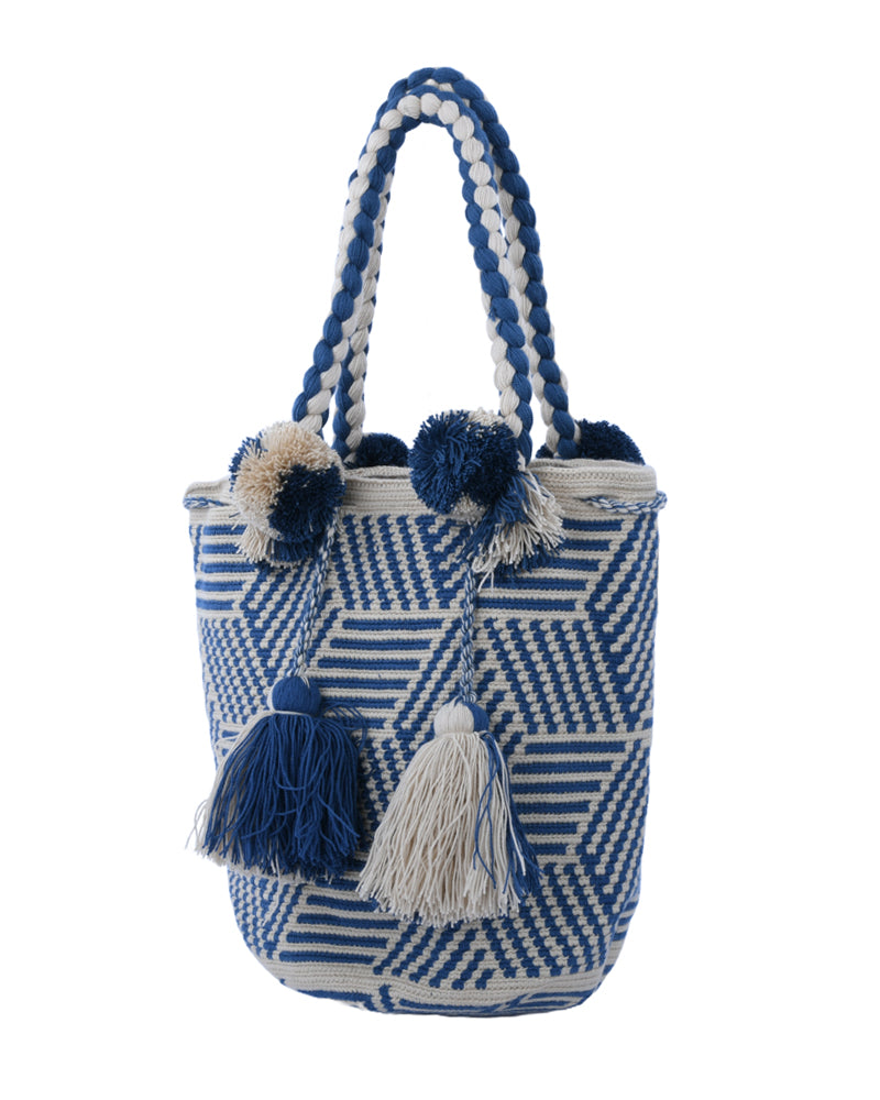 Blue and White Geometric Tassel Handbag