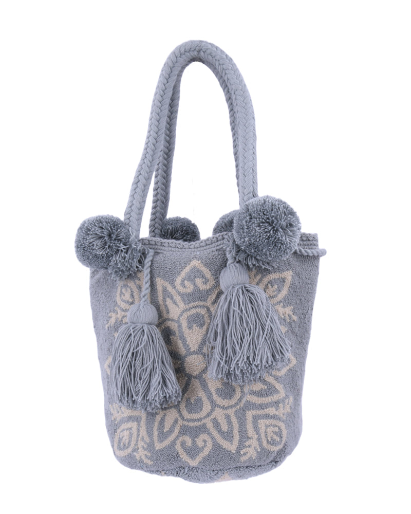 Gray Pompom Handbag with Heart and Vine Pattern