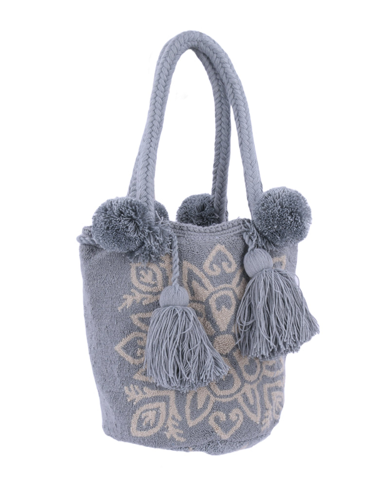 Gray Pompom Handbag with Heart and Vine Pattern