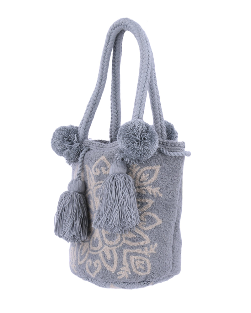 Gray Pompom Handbag with Heart and Vine Pattern