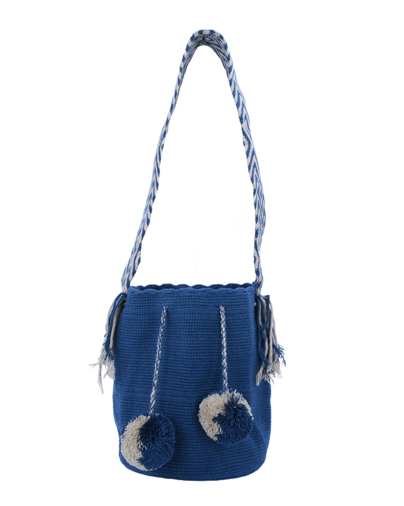 Blue Pom Pom Braided Strap Handbag