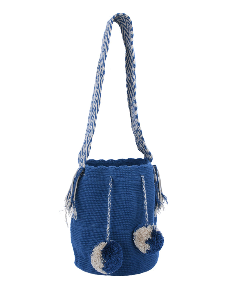 Blue Pom Pom Braided Strap Handbag