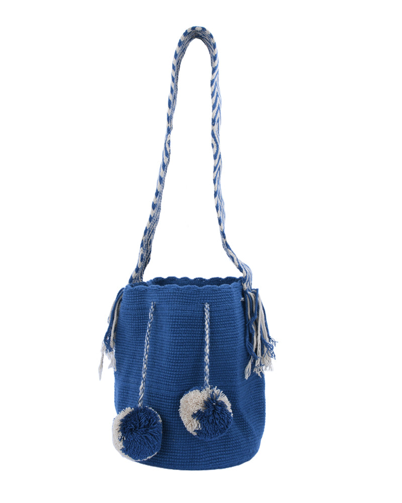 Blue Pom Pom Braided Strap Handbag