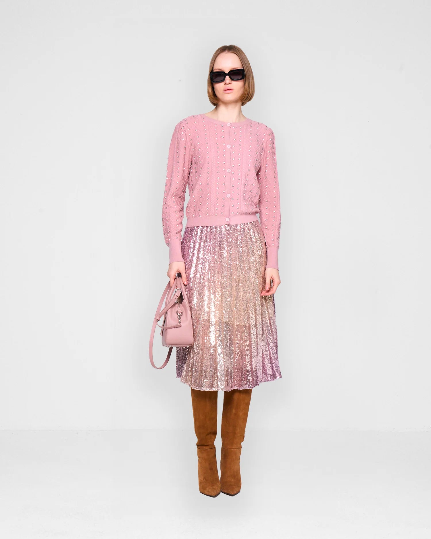 Metallic-Pink Pleated Skirt