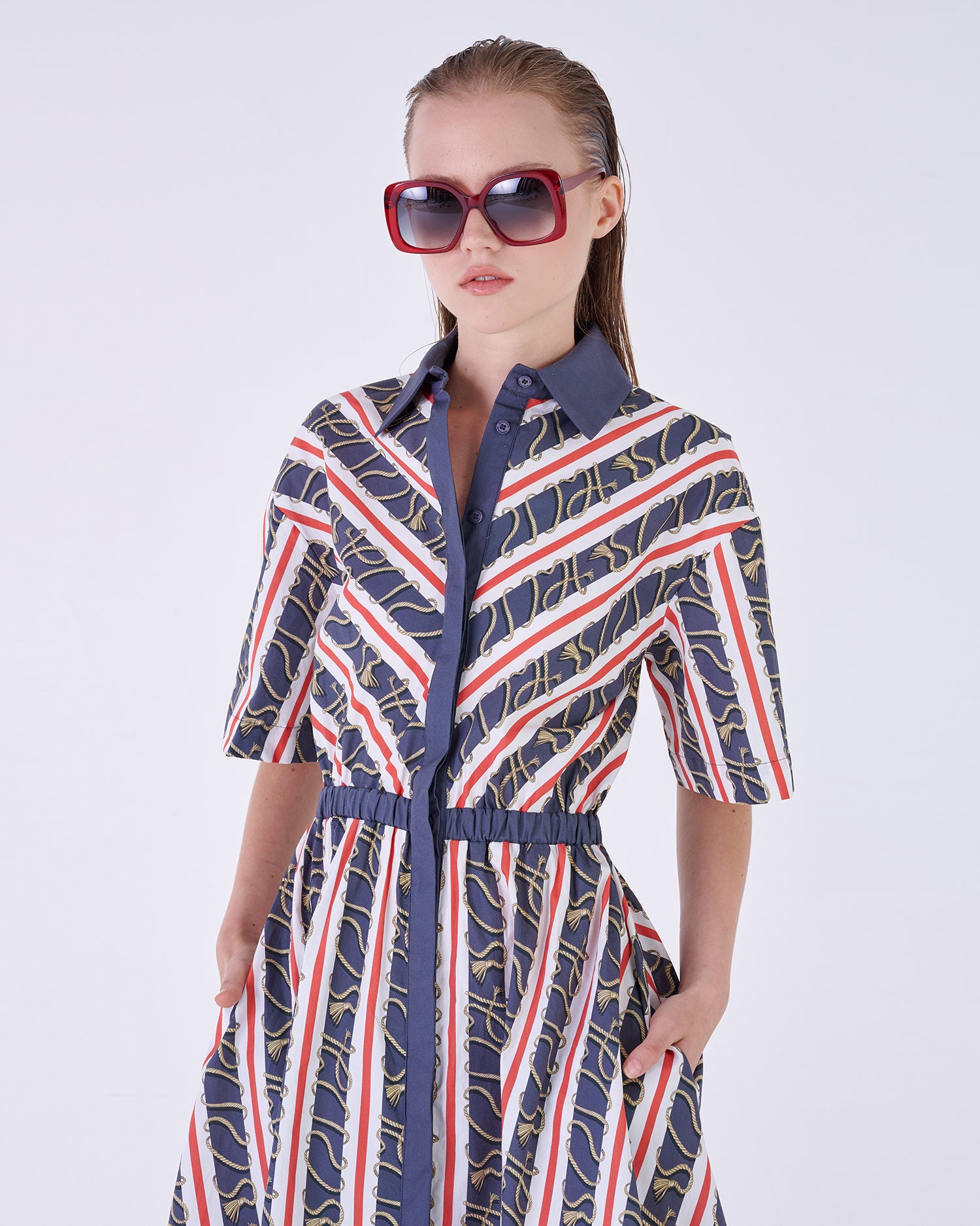 Geometric Pattern Short-Sleeved Shirt Dress