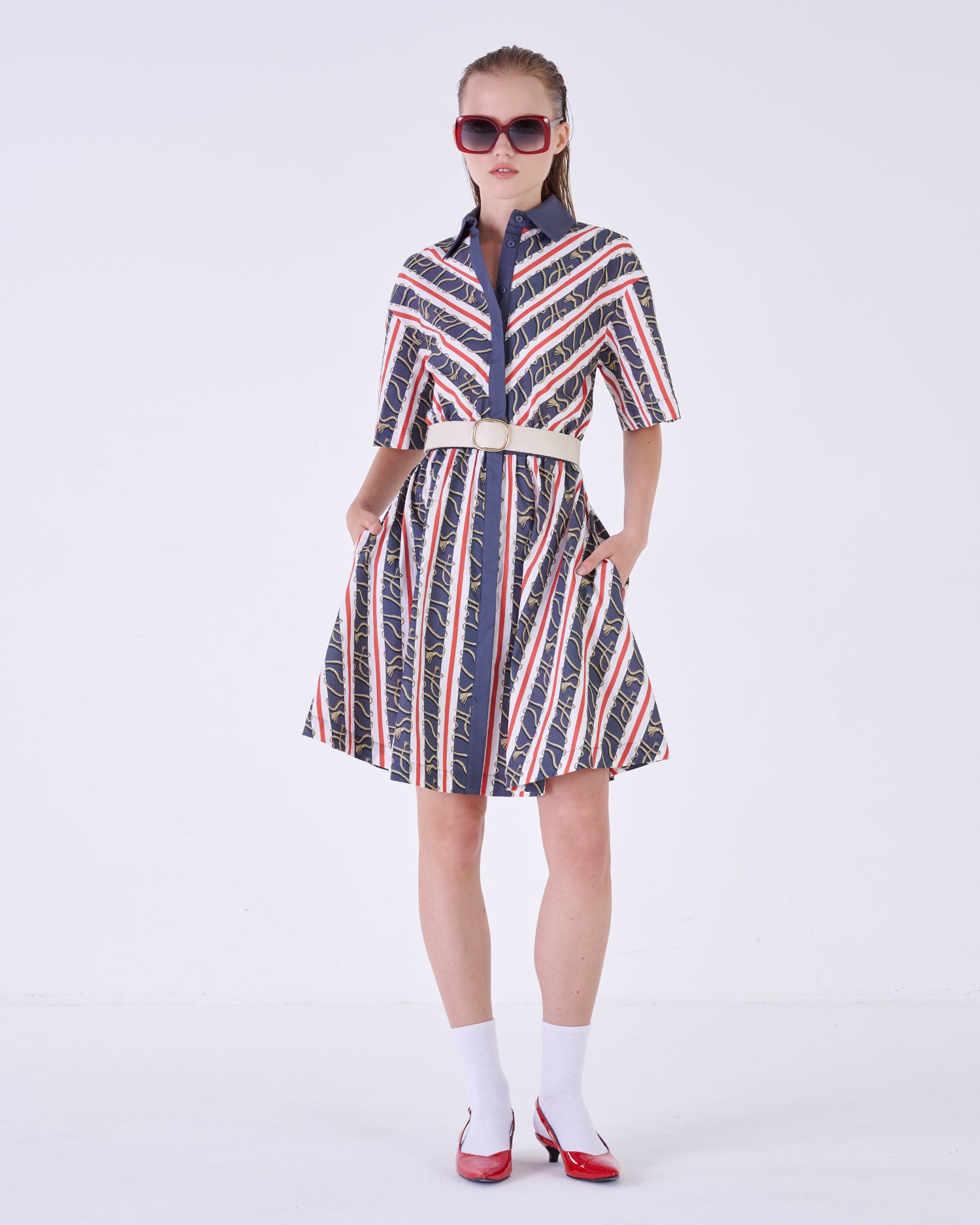 Geometric Pattern Short-Sleeved Shirt Dress