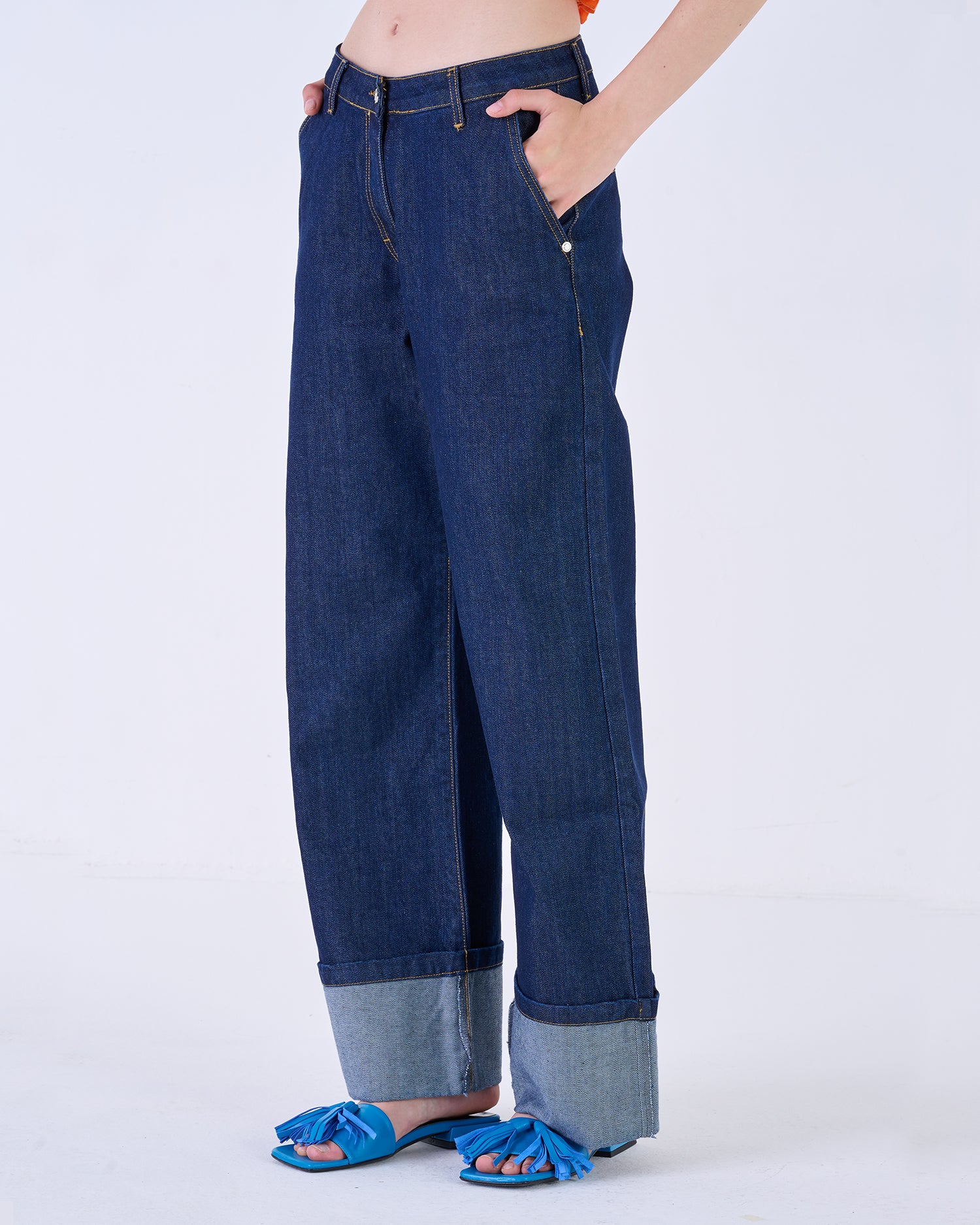 Denim Trousers with Contrasting Turned-Up Cuff