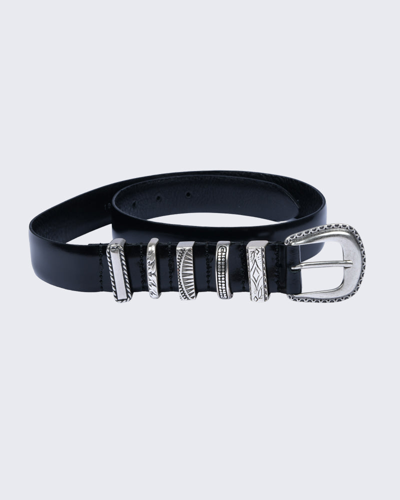 Black Leather Belt with Silver Accents