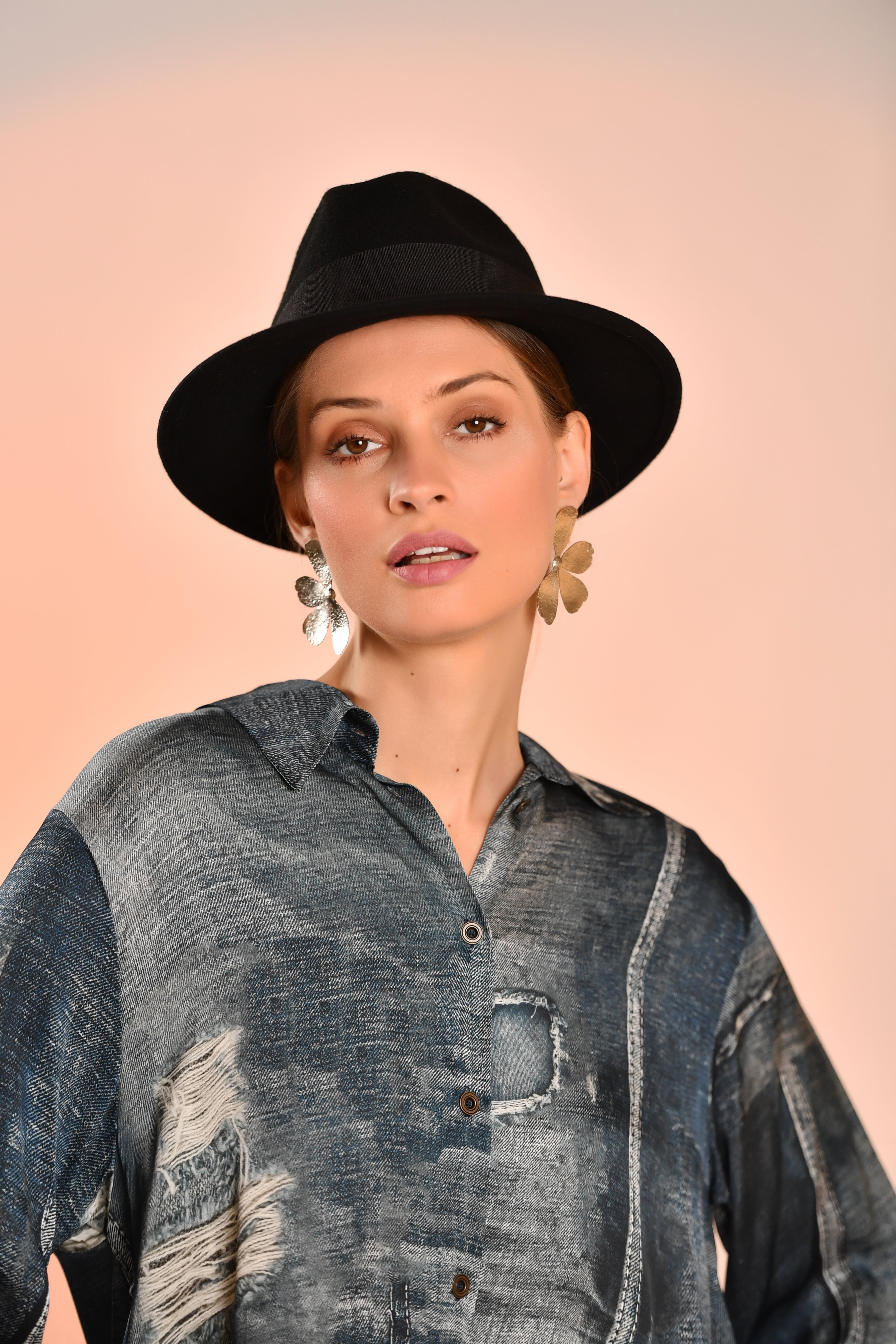 Denim-Style Button-Up Blouse