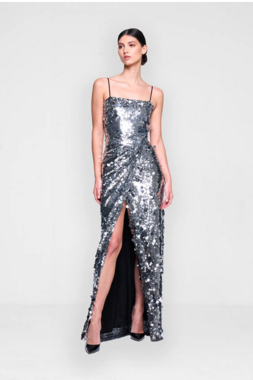 Silver Sequin Dress with Thigh-High Slit