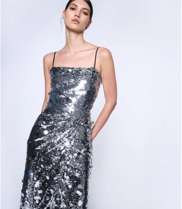 Silver Sequin Dress with Thigh-High Slit