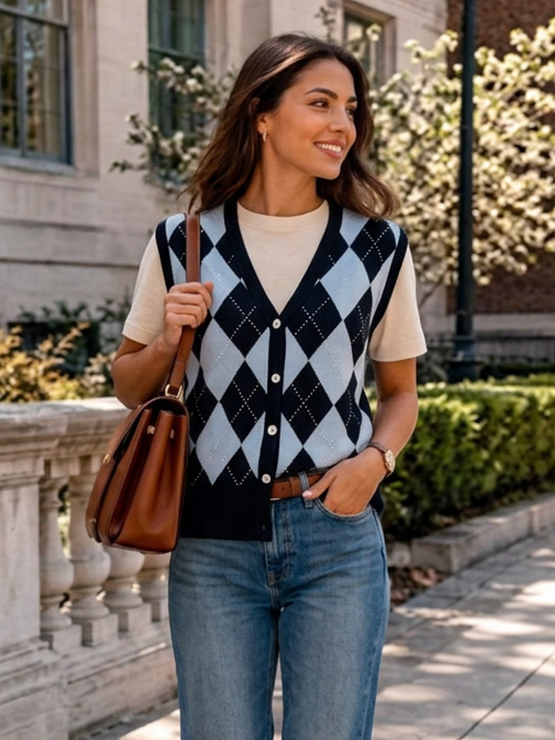 Layering Effect Top with Argyle Vest
