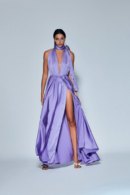 Lavender Halter Neck Gown with High Slit