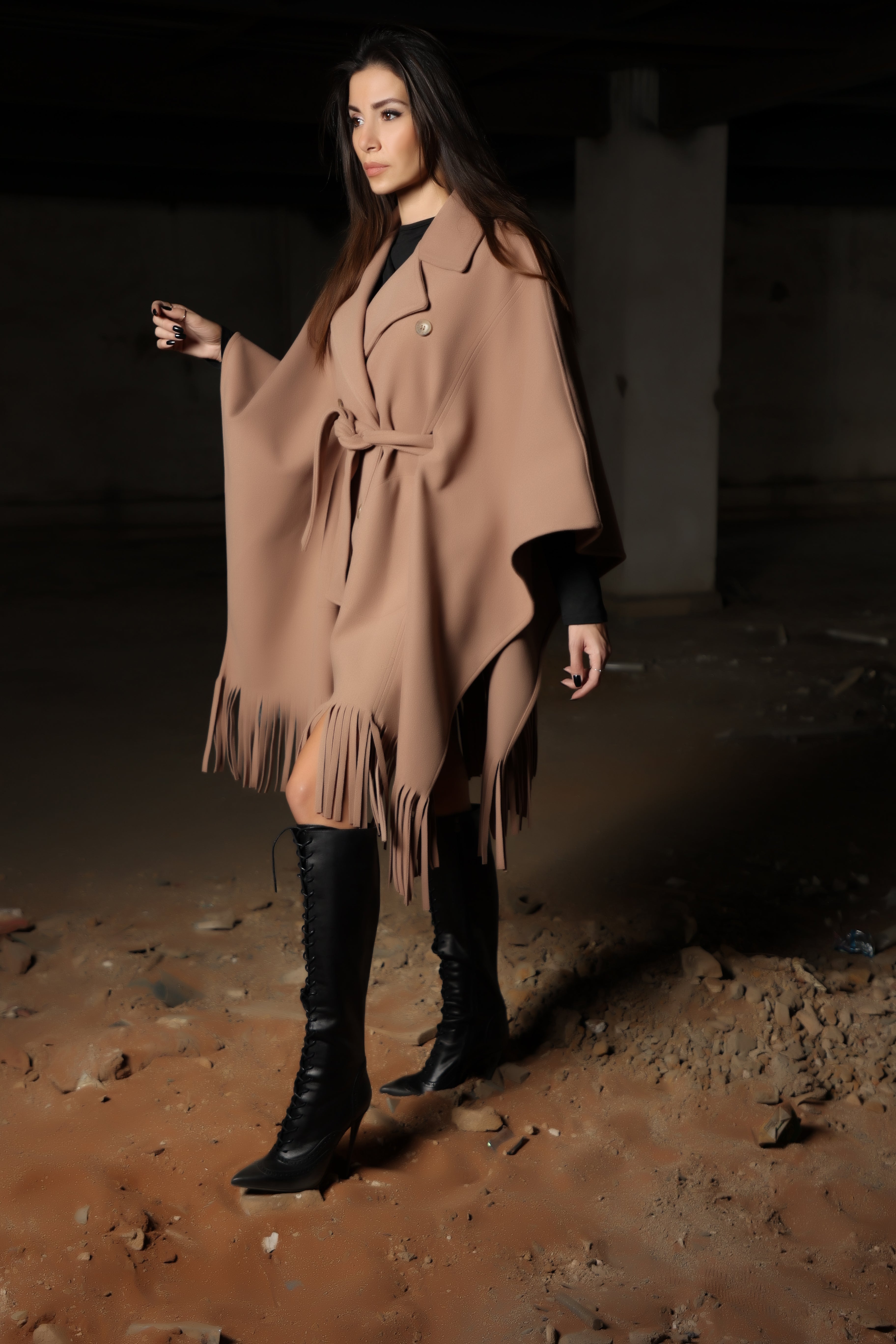 DOUBLE-BREASTED CAPE COAT WITH FRINGES SI/2249