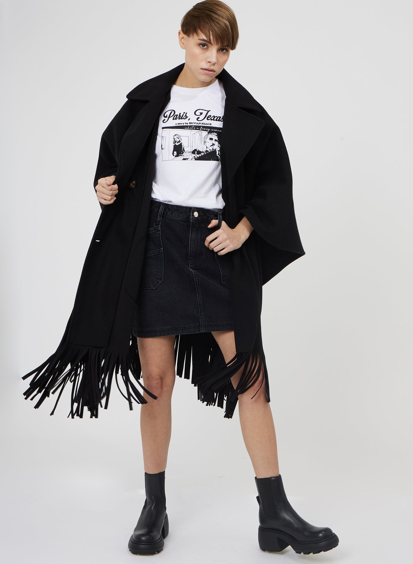 DOUBLE-BREASTED CAPE COAT WITH FRINGES SI/2249